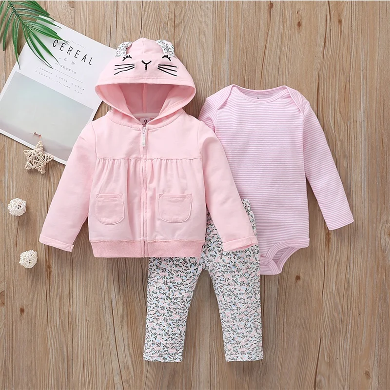 

Ready to Ship Cute Pink Kitten Costume Hoodie Jacket Full Sleeve Cotton Knitted Rompers Floral Pants Baby Clothes 3 Pieces Set
