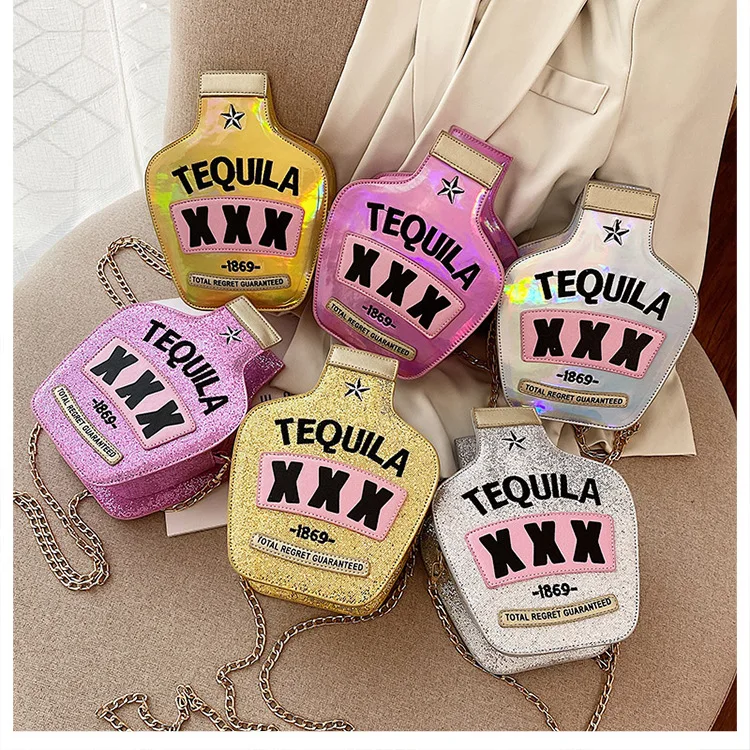 

Hot Sale Wholesale Fall Designer Small Purse Bag Girl Uniques Handbags Womens Laser Tequila Bottle Purse, 6 colors