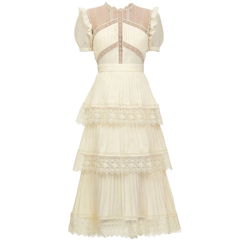 

Multi-layer dress summer 2021 fashion new female French niche lace beige short-sleeved slim pleated long skirt