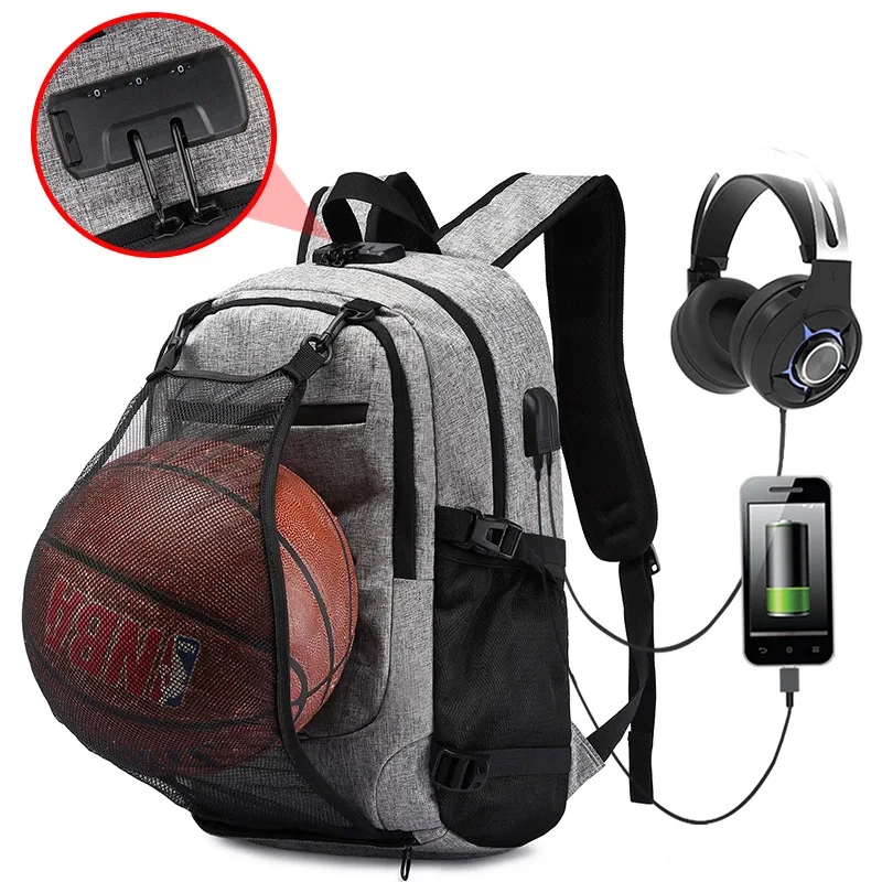 

Custom Waterproof USB Smart Basketball Backpack Bag school bag with Zipper Lock for mens, Black/gray