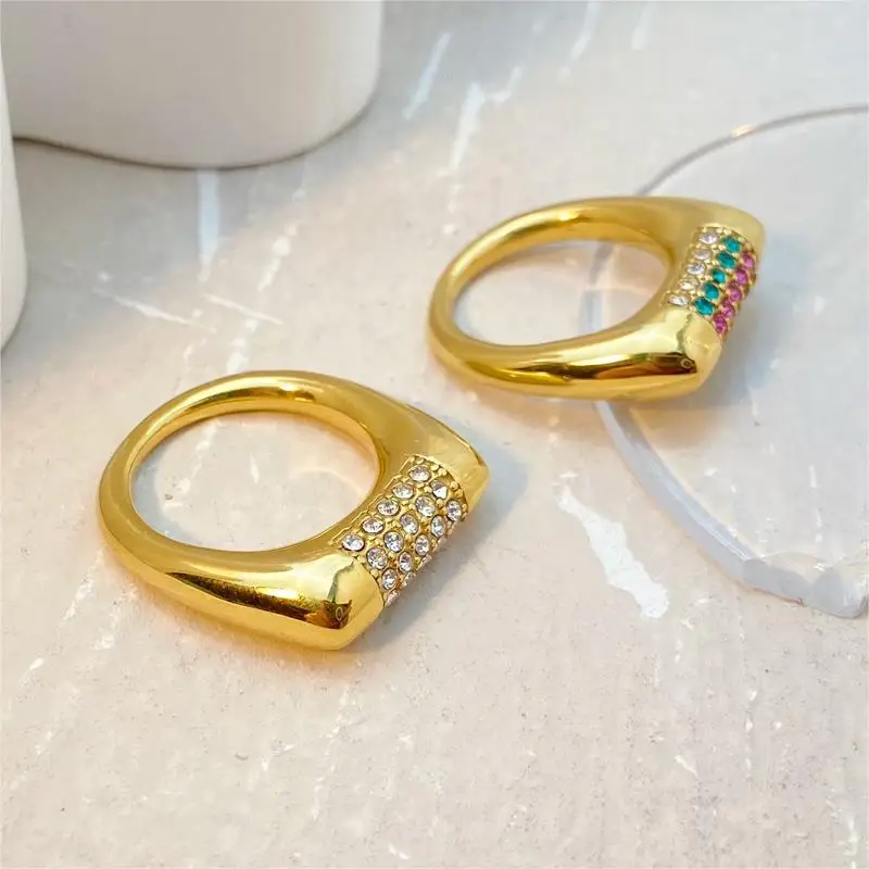 

2023 Popular Titanium Steel Ring Jewelry Stainless Steel Plated 18K Gold Micro Inlay Flat Right Angle Color Zirconium Ring