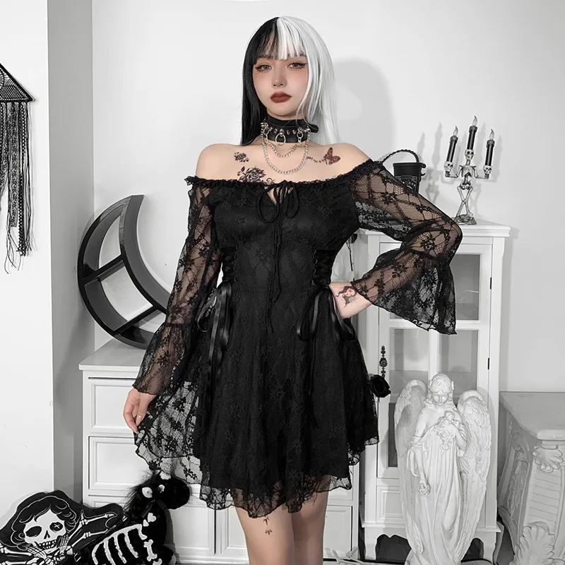 

2022 Dark Mesh Vintage Gothic Dresses egirl Aesthetic Transparent Strap Pleated Dresses Chic Punk Hip Hop Grunge Emo Alt Clothes