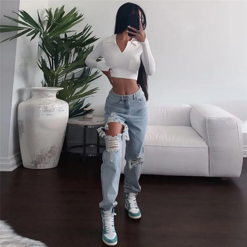 

Women Jeans Ripped Frayed Loose Pants Womens Clothing Fashion Sexy Jeans Casual Pants Big Holes Long Trousers lady denim pant