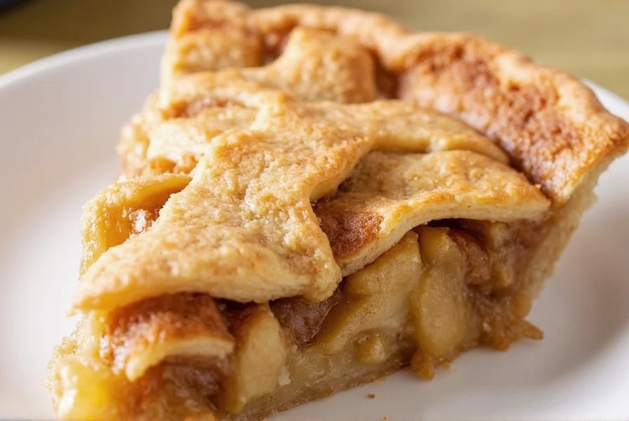 Finished apple and cinnamon roll pie with golden brown crust and visible cinnamon swirls, served with vanilla ice cream