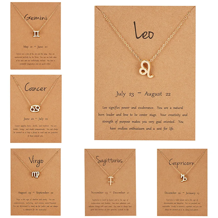 

Female Elegant Star Zodiac Sign 12 Constellation Necklaces Pendant Charm Gold Chain Choker Necklaces for Women Jewelry Cardboard