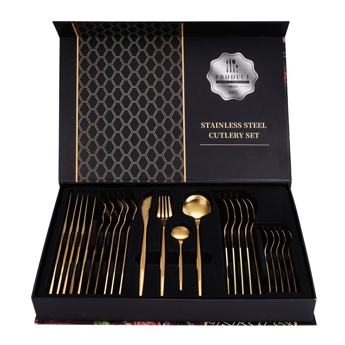 

Luxury Matte Polish Black Gold plated 24 Pcs Stainless Steel Thick Knife Spoon Fork Silverware Flatware Cutlery Set With Gift Bo