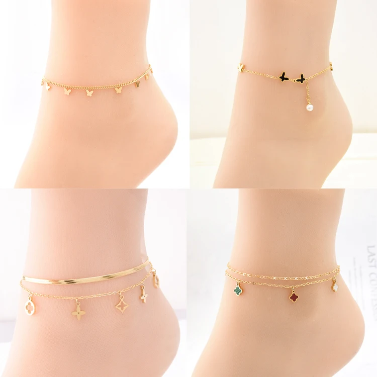 

Dropshipping Qings 2021 Luxury Fashion Ankle Chain Foot Jewelry 18k Gold Butterfly Stainless Steel Ankle Bracelets For Women, Rose gold,sliver