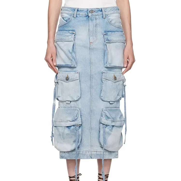 

OUDINA Wholesale Straight Multiple 6 Pockets Washed Denim Long Skirts Denim Cargo Skirt Women