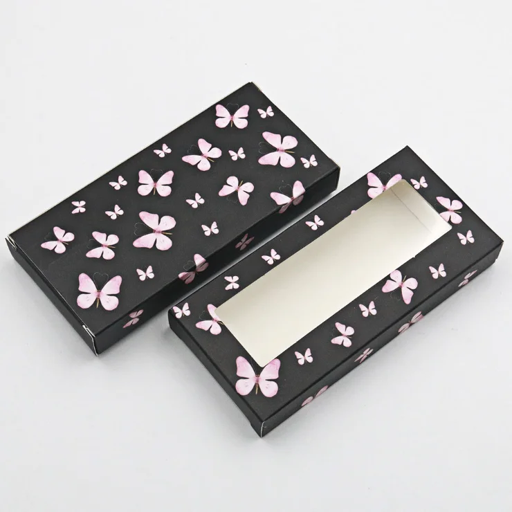 

Hot sell butterfly lash packaging 25mm eyelash private label stickers paper box empty black pink strip lashes, Clear box with colorful card