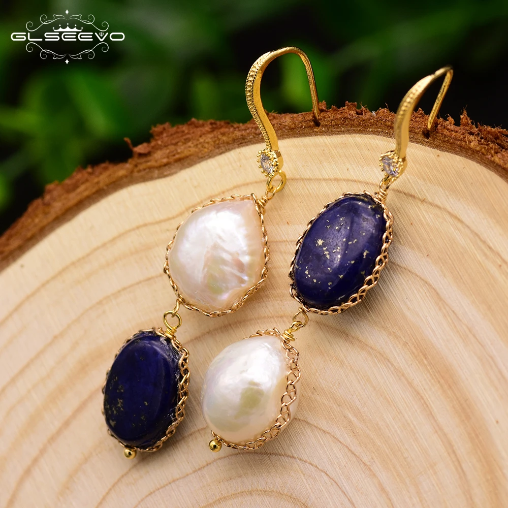 

Natural Stone Lapis Lazuli Water Drop Earrings Fresh Water Baroque Pearl Long Dangle Earring For Women Luxury Jewelry