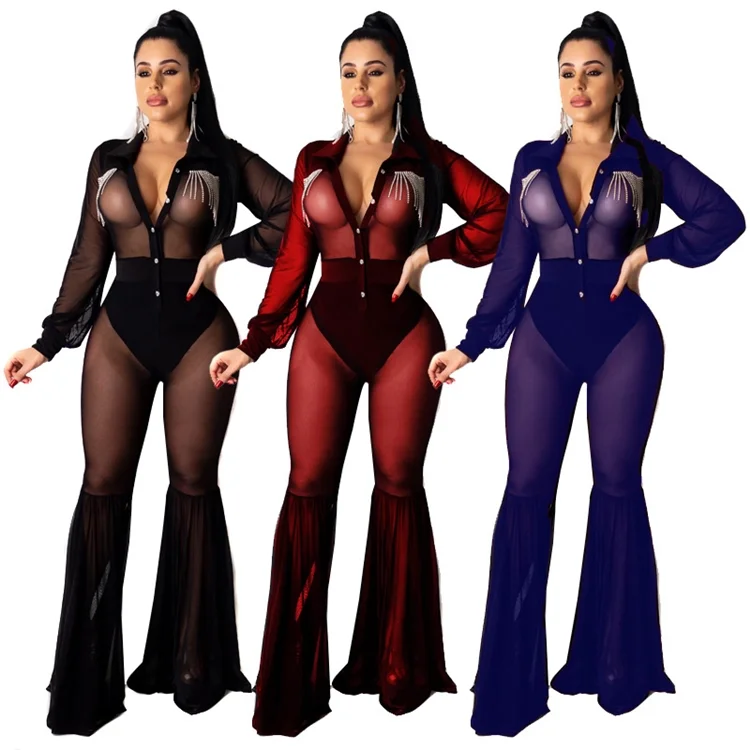 

GC*33361 2020 spring new style mesh perspective sexy pendant drill jumpsuit bell-bottom pants Romper Women Jumpsuit