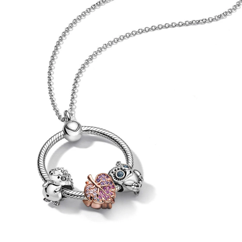 

Sterling Silver Moments Medium O Pendant Set rose leaf designer Fit Pandora Cable Chain Necklace For Women gifts DIY making