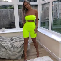 

2019 Ladies women sexy short fluorescence playsuits short hollow out strapless female sexy skinny solid party rompers bodysuits