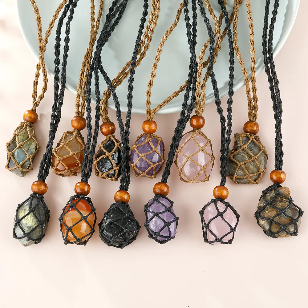

Handmade Braided Rope Natural Stone Pendant Necklace Bohemian Ethnic Weave Natural Quartz Crystal Necklace, As show