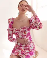 

2020 new arrivals fashion design fancy bubble sleeve square collar floral print women casual dress