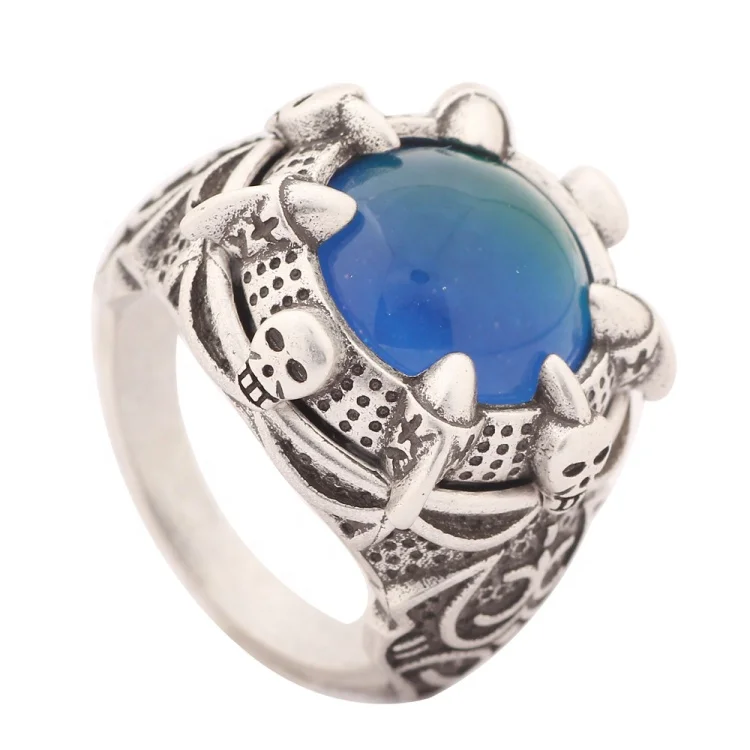 

Size 9 10 Men Hip Hop Style Vintage Silver Plated Color Change Stone with Temperature Control Mood Skull Ring