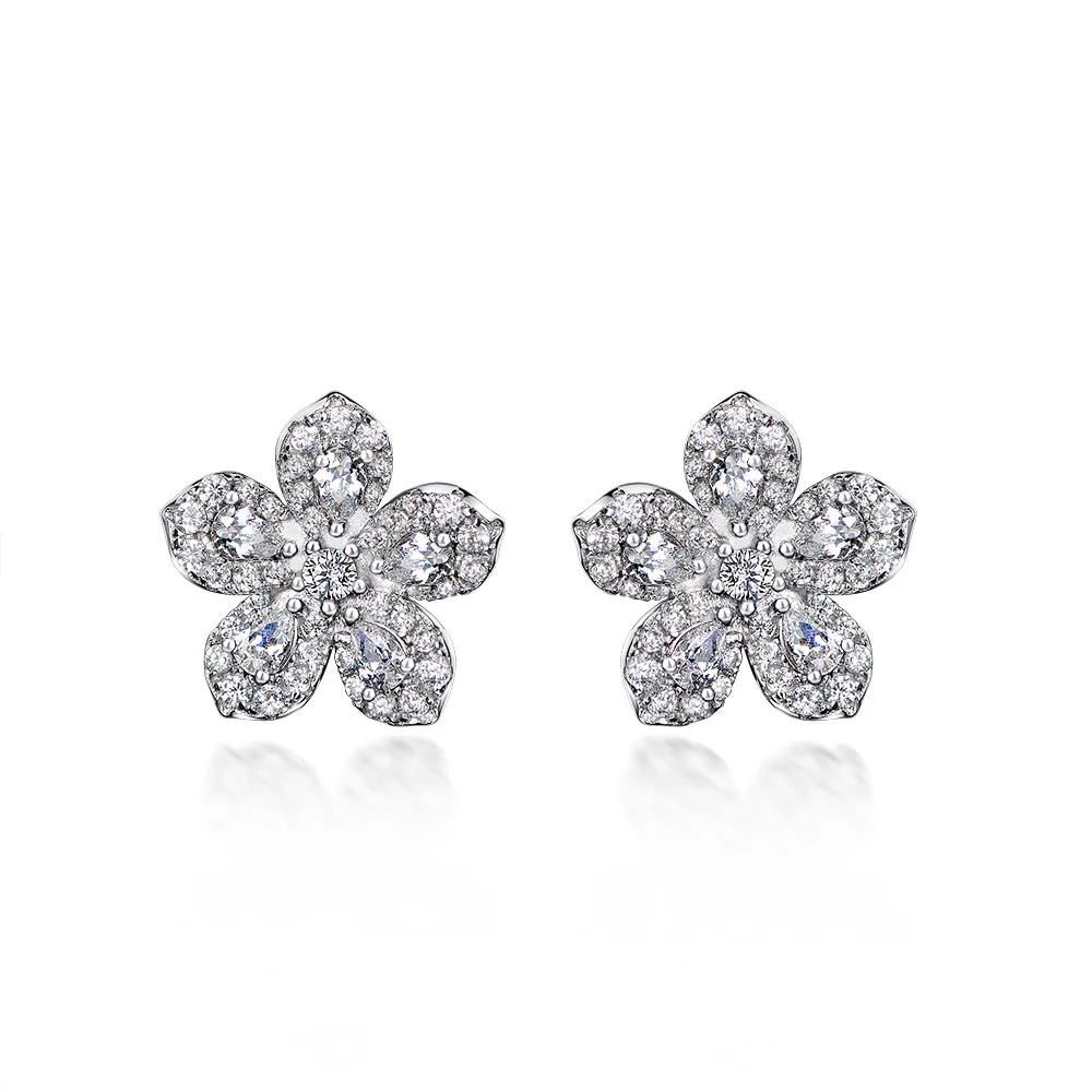 

925 Sterling Silver Created Moissanite Lab Diamonds Flower Earrings, White