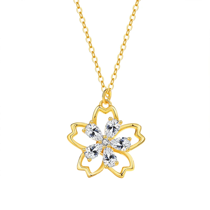 

Dainty Elegant 925 Sterling Silver 18K Gold Plated Zircon Pave Cherry Blossom Flower Pendant Necklace