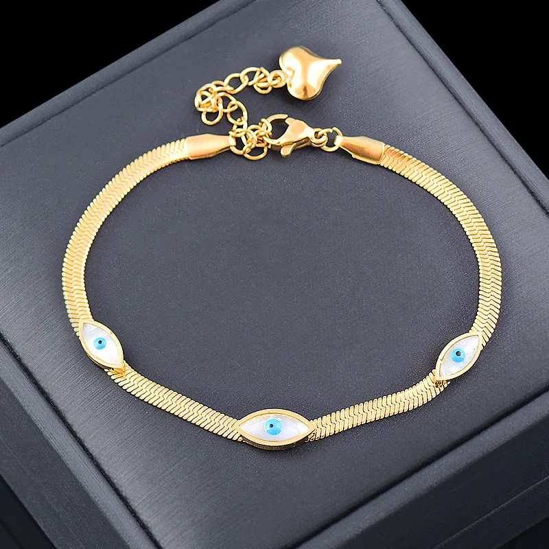 

Simple Waterproof Snake Chian Titanium Steel White Shell Blue Eyes Bracelet