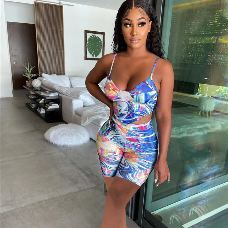 

Summer small vest printing two-piece new women's sling irregular sexy suit