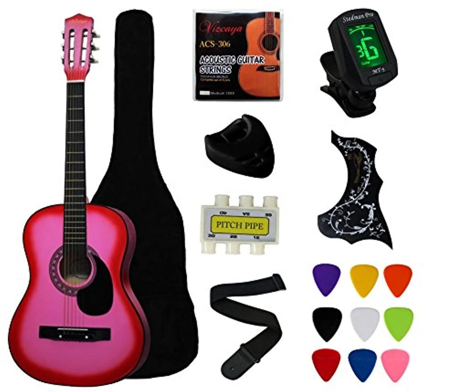 

38" Pink Beginner Acoustic Guitar Starter Package Student Guitar with Gig Bag,Strap, 3 Thickness 9 picks,2 Pickguards, Pick Hold, Black, blue, coffee, natural, pink, sunburst