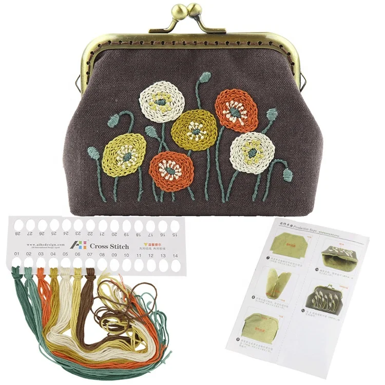

Wholesale Perforated Handmade Embroidery Purse Material Package DIY Hand Embroidery Coin Bag, Pink cake