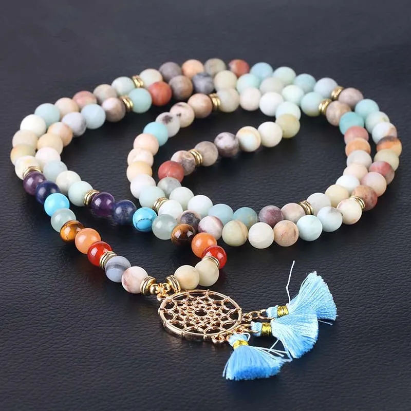 108 Mala Beads Necklace Bohemian Dream Catching Crystal Tassel 8mm Natural Stone 108 Prayer Beads Long Necklace for Women Men