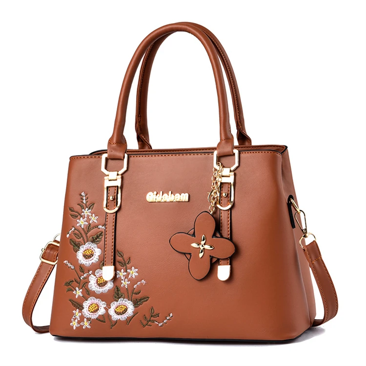 

black big latest fancy pu high quality fashion hand women bag with flower