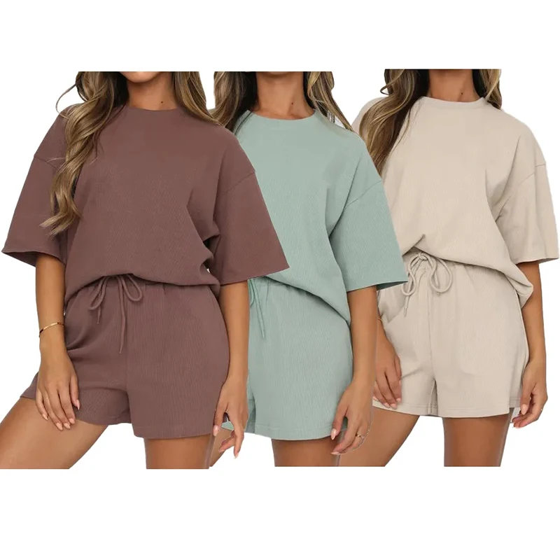 

Custom Two Piece T Shirt and Sweat Short Set Women Summer Solid Color Short Sweat Suits