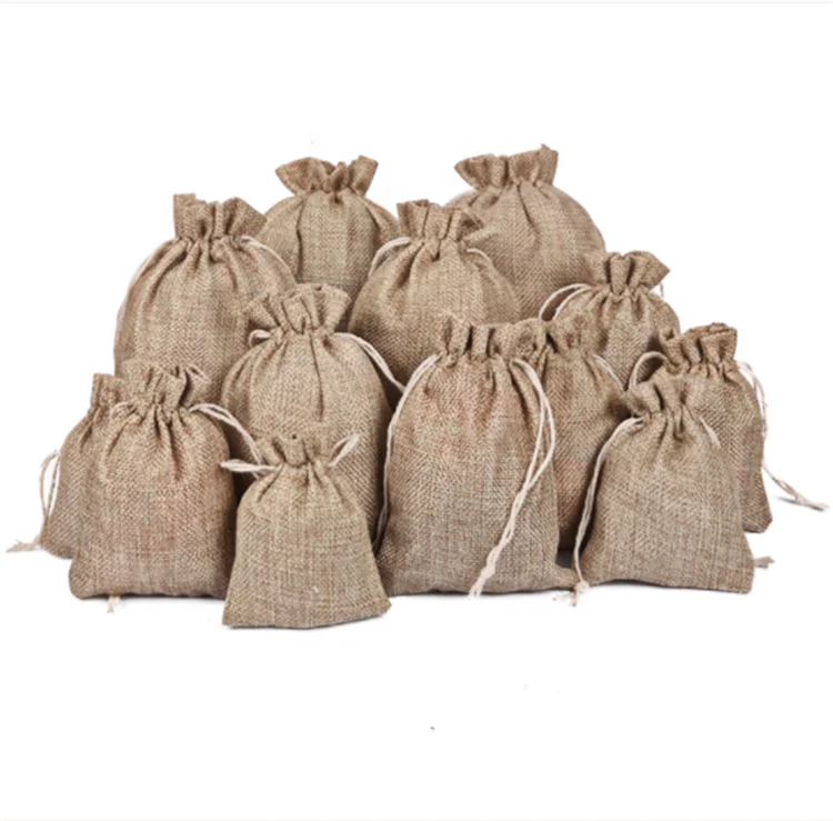 

Low MOQ Wholesale biodegradable recycled burlap bag sack hemp Linen jute bag drawstring bag for Christmas Baby Shower Wedding, Natural