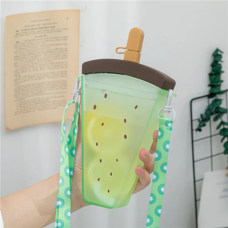 

New Summer Creative Cute Straw Cup Strap Plastic Popsicle Shape Watermelon Ice Cream Purse Popsicle Water Bottle