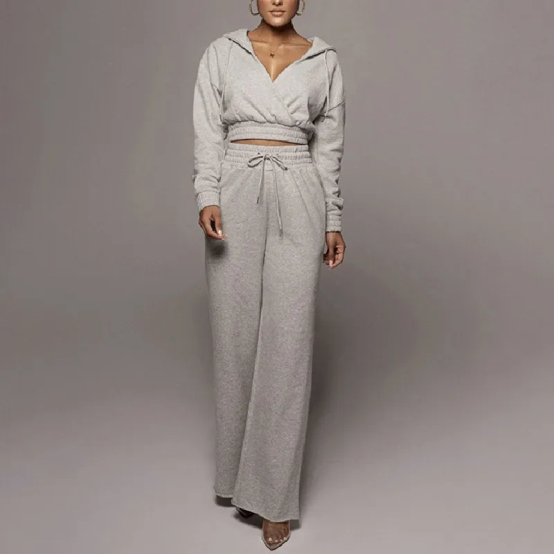 

women fashion v neck hoodie sweatshirt wide leg sweatpants woman casual trouser 2 pcs set, White,gray,black,green,khaki,brown