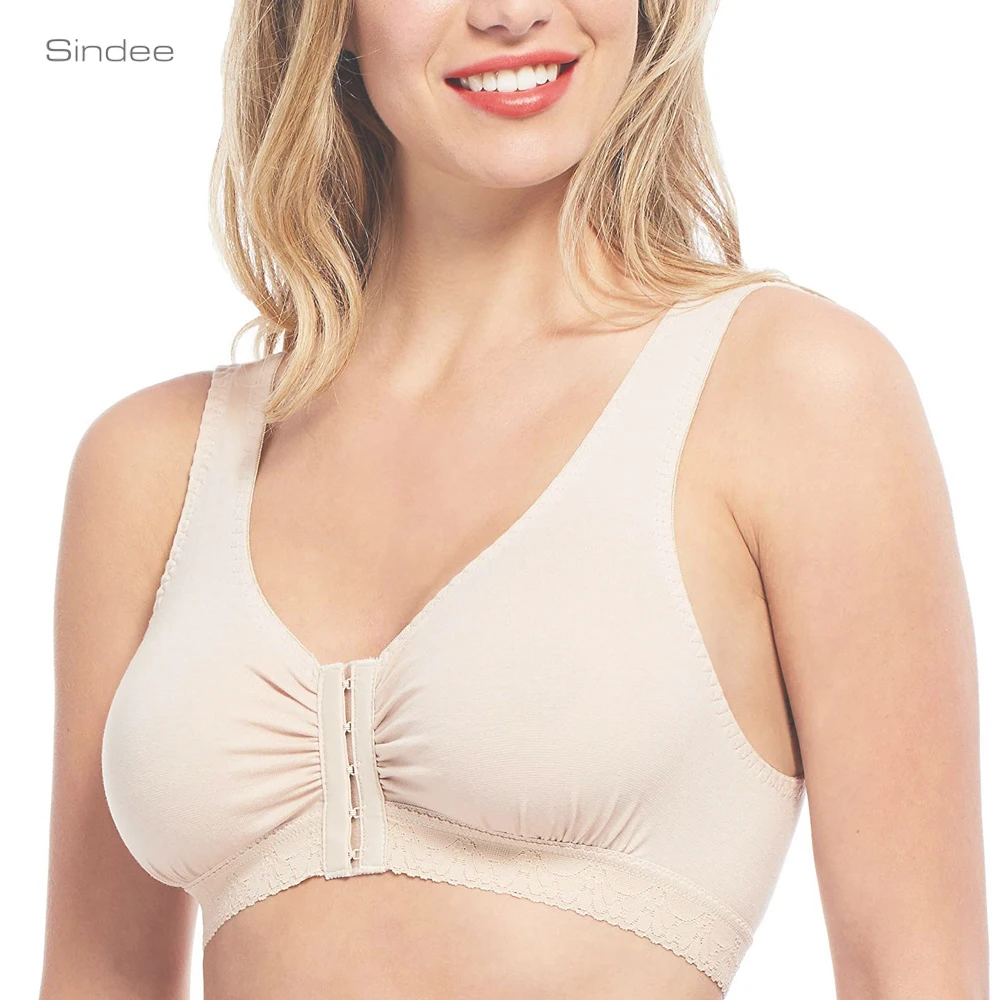 

Front Closure Full Cup Soft Pocket Bra Plus Size Wide Strap Support Wireless Post Surgical Bra, White,black,beige