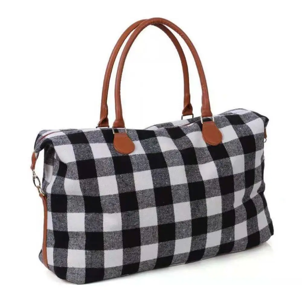 

Wholesale Plaid Weekender Bag Plaid Large Capacity Duffel Bag white/black Buffalo plaid Travel Bag, Red/black,white/black