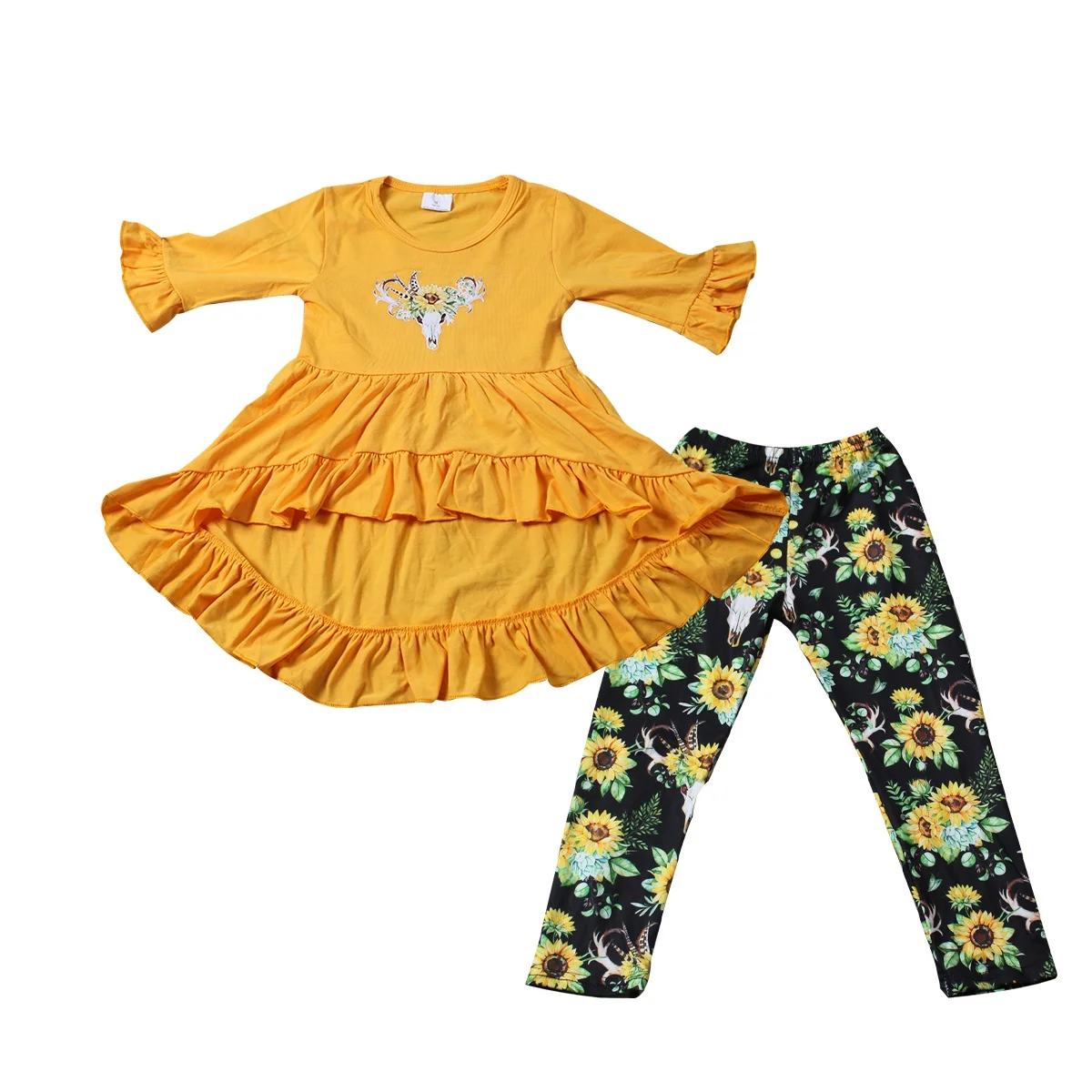 

Baby girls mustard hi-low tunic with sunflower tight leggings kids boutique fall cow outfits sets