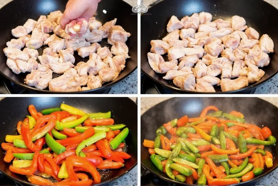 Step-by-step preparation of pepper chicken with sliced chicken, colorful bell peppers, and wok cooking technique