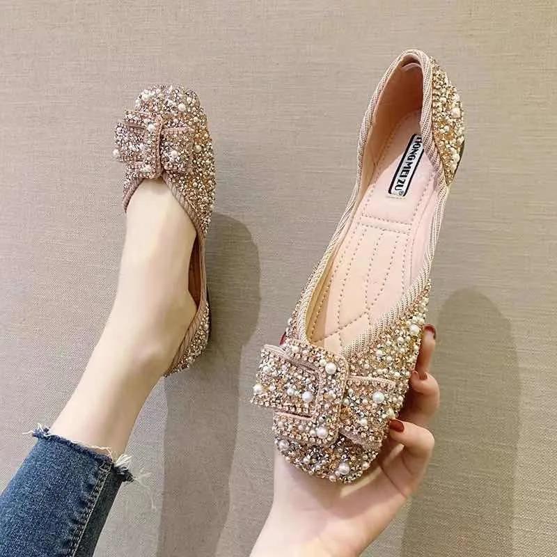 

Single shoes 2021 spring and summer new rhinestone pearl shallow mouth flat single shoes women soft sole peas shoes, Multicolor