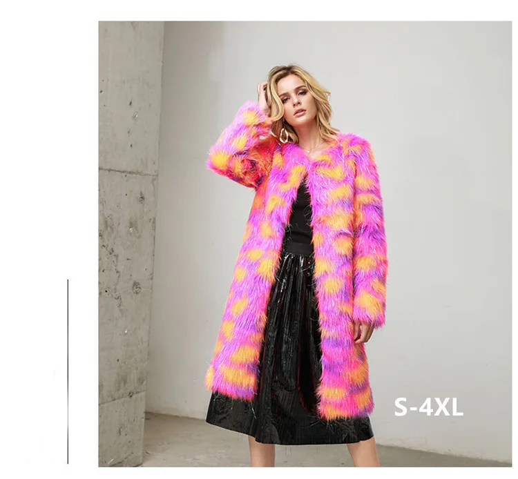 

Luxury Plus Size Sized Coats Jacket Woman Ladies Shaggy Long Women's Faux Women Color Block Fur Coat, Picture showns