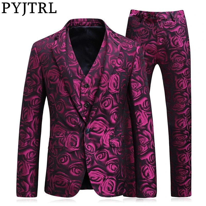 
PYJTRL Mens Fashion Rose Floral Pattern Three piece Set Suits Wedding Banquet Groom Dress Suits Costume Homme Men Suit Slim Fit 