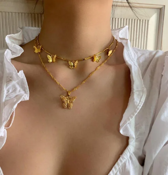 

High quality Gold butterfly clavicle necklace Bohemia style adjustable double layers link choker necklace for women