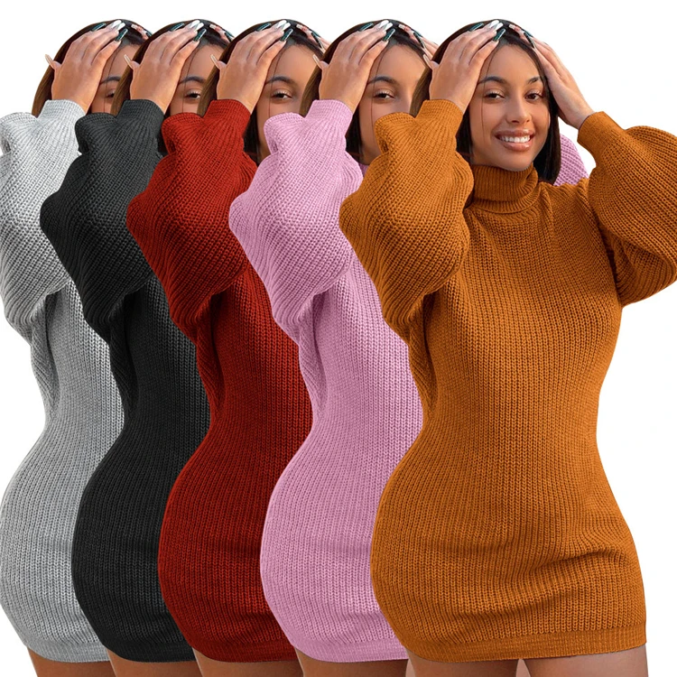 

W8811 Winter ladies fashion clothing long sleeve turtleneck top sweater dress