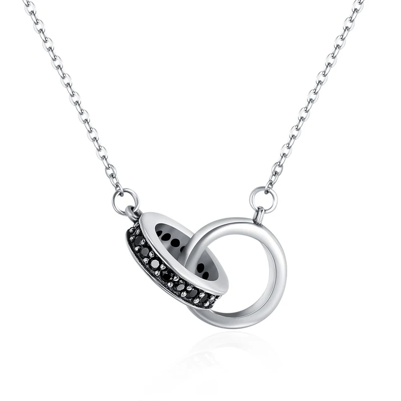 

Fashion Men Women Couple Black CZ Interlocking Circle Pendant 925 Sterling Silver Necklace Jewelry
