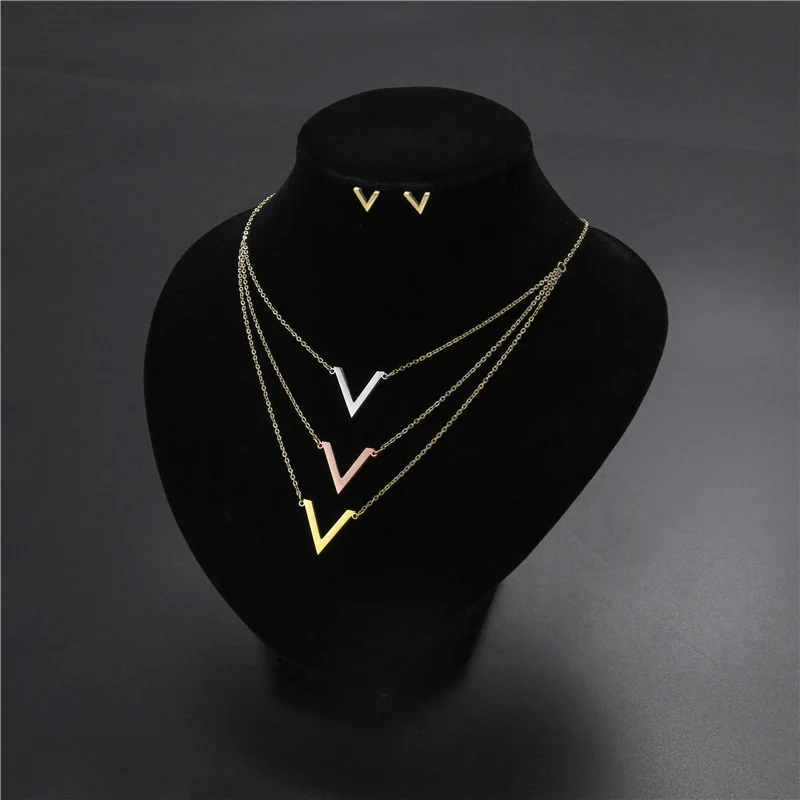 

Layered Necklace and Earrings Set Jewelry for Women Gold Silver High Quality Sweater Chain Letter V Stainless Steel Necklaces