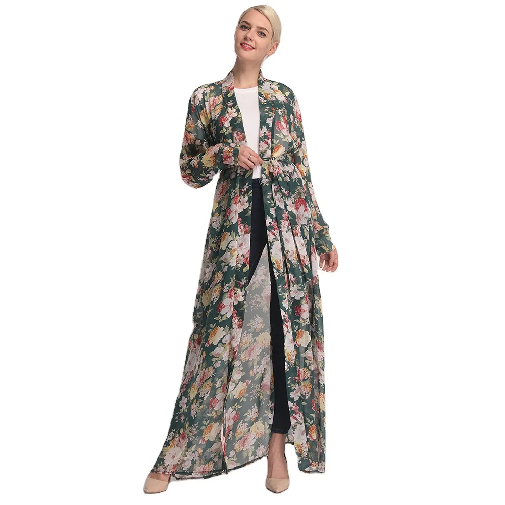 

Digital printed chiffon cardigan casual dress Islamic ladies flower abaya