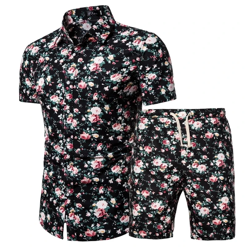 

High Quality Summer Men Two Piece Set Clothing Short Sleeve Shirt And Shorts, Picture color