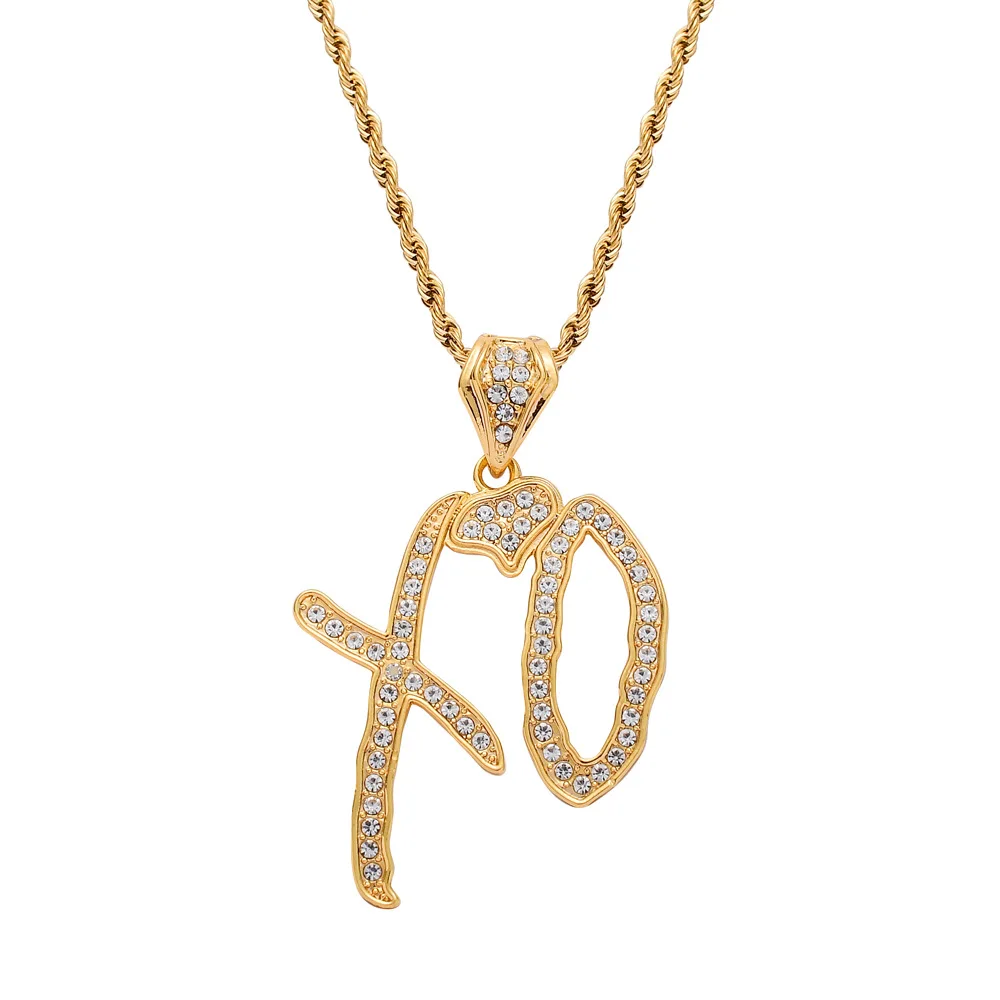 

VRIUA Hip Hop Necklace Cubic Zircon Lettered XO Cursive Initials Rhinestone Pendant Long Chain Necklace For Women Men Jewelry, Gold sliver