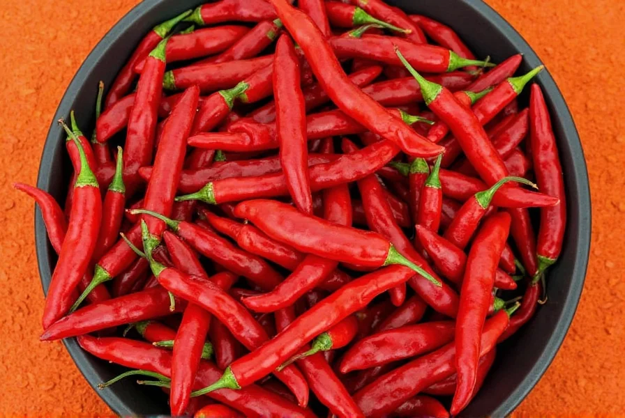 Close-up of arbol chilies in a wooden bowl