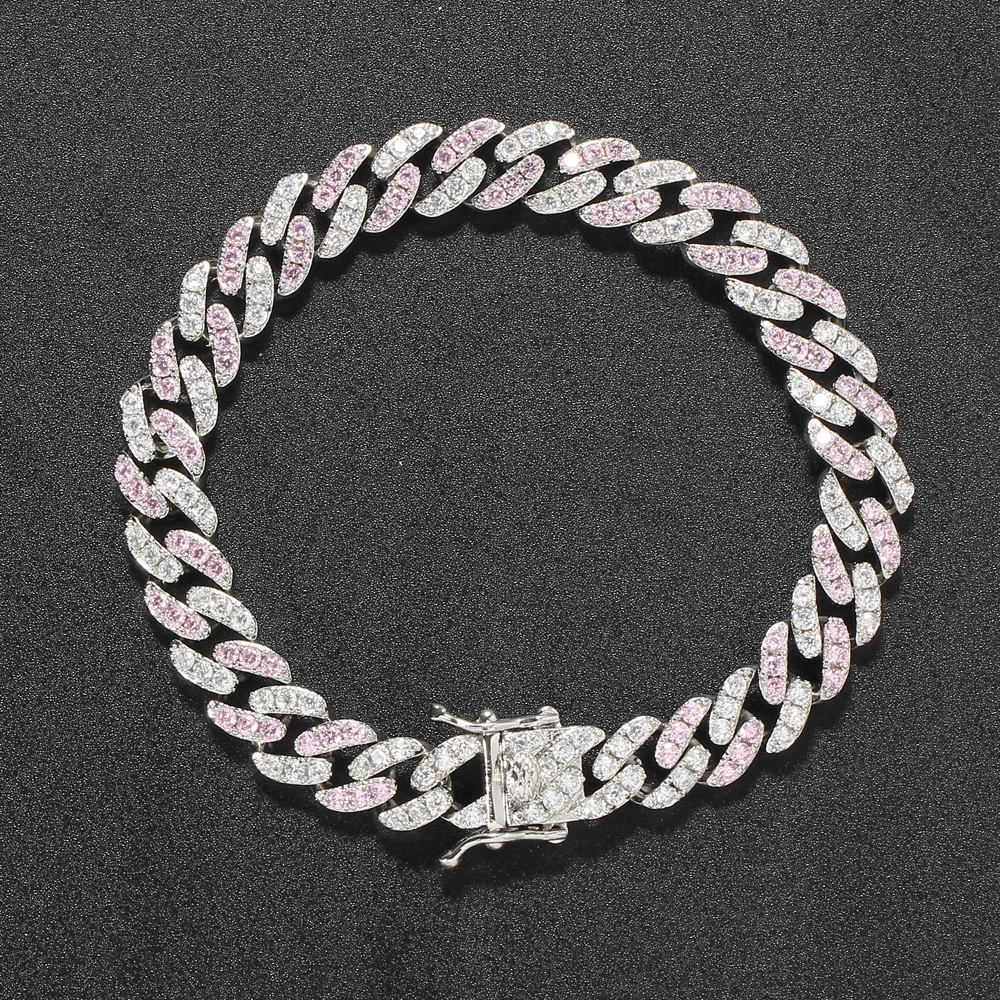 

BB003 8mm silver pink 7inch 8inch Brass Iced Out Zircon Cuban Link Bracelet Bling Jewelry CZ Bracelet hip hop