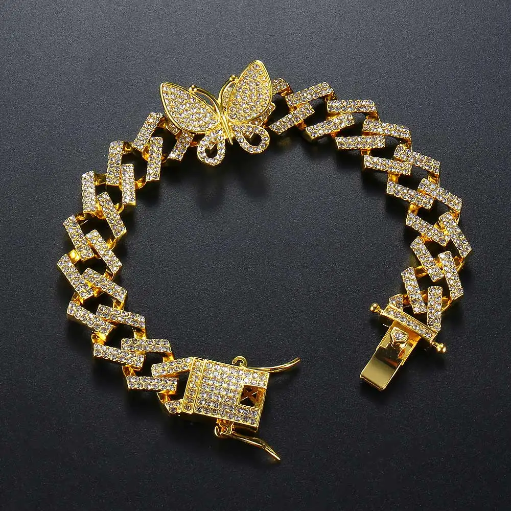 

HPXmas Hip Hop Bracelets Right Angle Rhinestone Bracelet 8 Inches Cuban Chain Butterfly Bracelet Wholesale