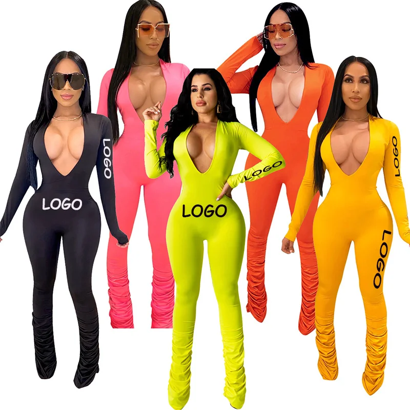 

Free Shipping Casual deep v Long Sleeve colorful stacked Jumpsuit Women, Customized color
